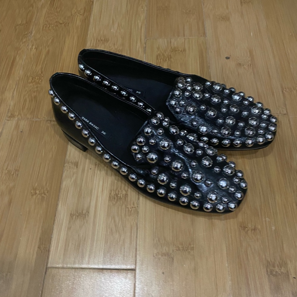 Zara Womens Black Leather Studded Block Heel Loafers Shoes Size 36